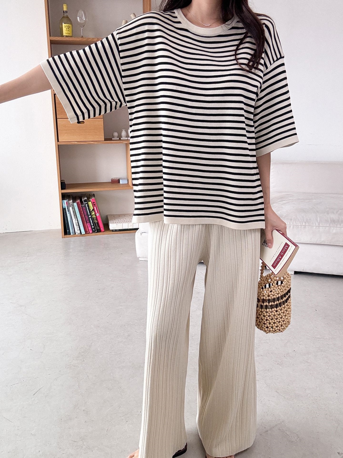 ラウンドネックウエストゴム半袖ボーダーセットアップパンツニット | 詳細画像23