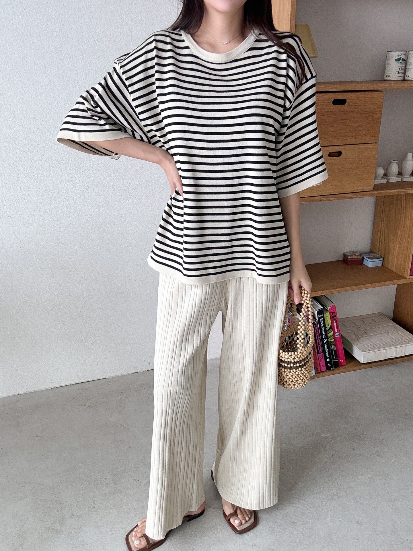 ラウンドネックウエストゴム半袖ボーダーセットアップパンツニット | 詳細画像24