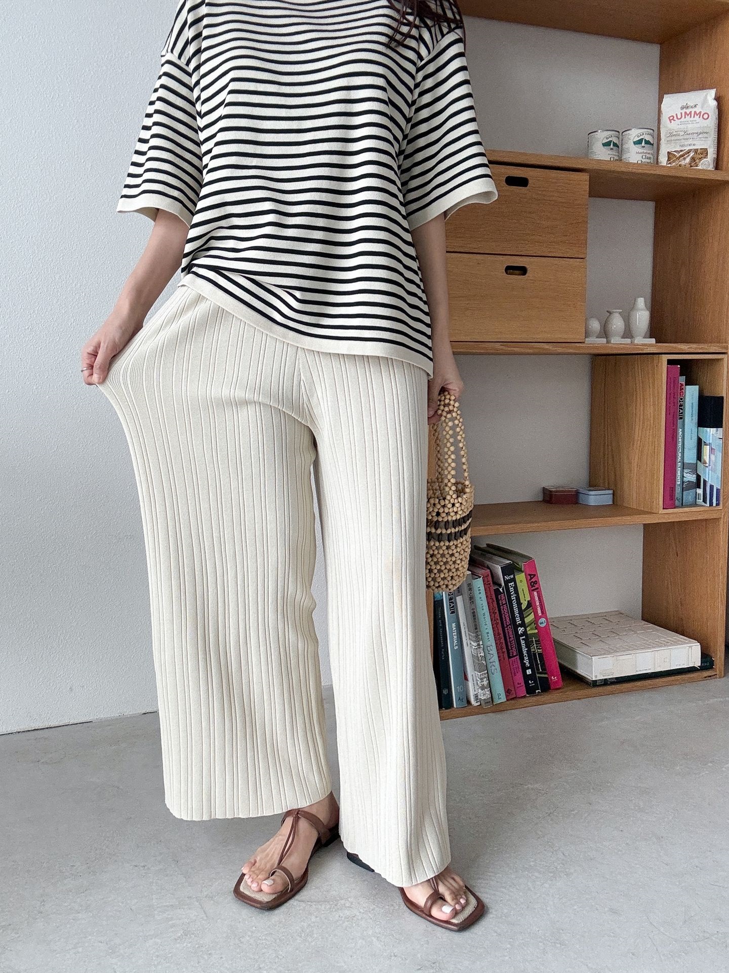 ラウンドネックウエストゴム半袖ボーダーセットアップパンツニット | 詳細画像25