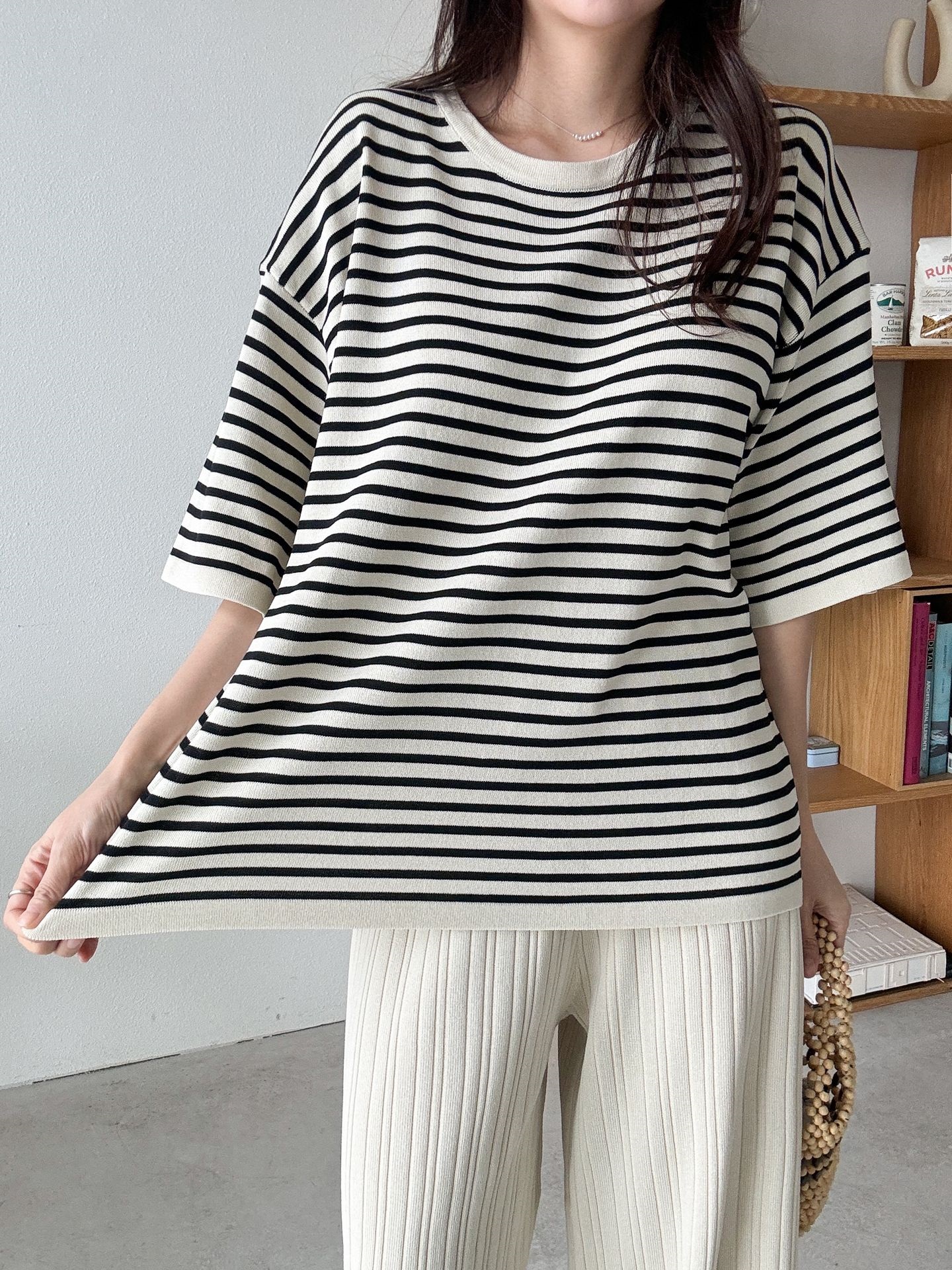 ラウンドネックウエストゴム半袖ボーダーセットアップパンツニット | 詳細画像27
