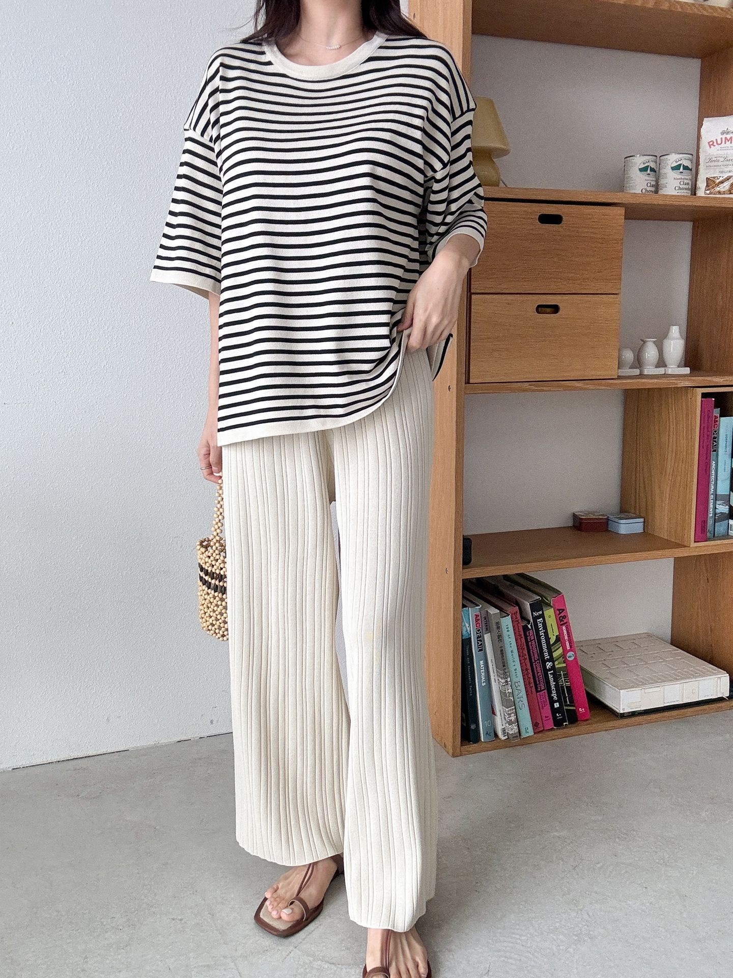 ラウンドネックウエストゴム半袖ボーダーセットアップパンツニット | 詳細画像26