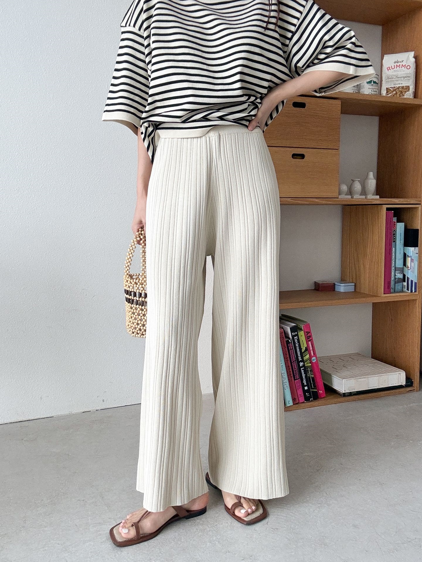 ラウンドネックウエストゴム半袖ボーダーセットアップパンツニット | 詳細画像28