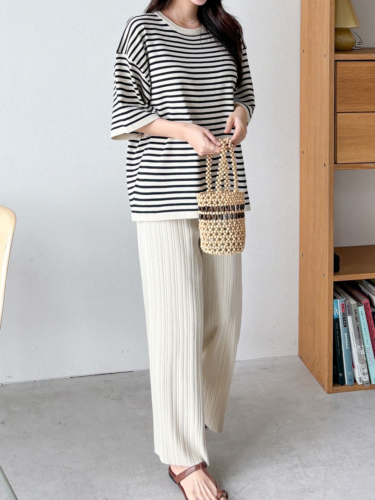 ラウンドネックウエストゴム半袖ボーダーセットアップパンツニット | 詳細画像29