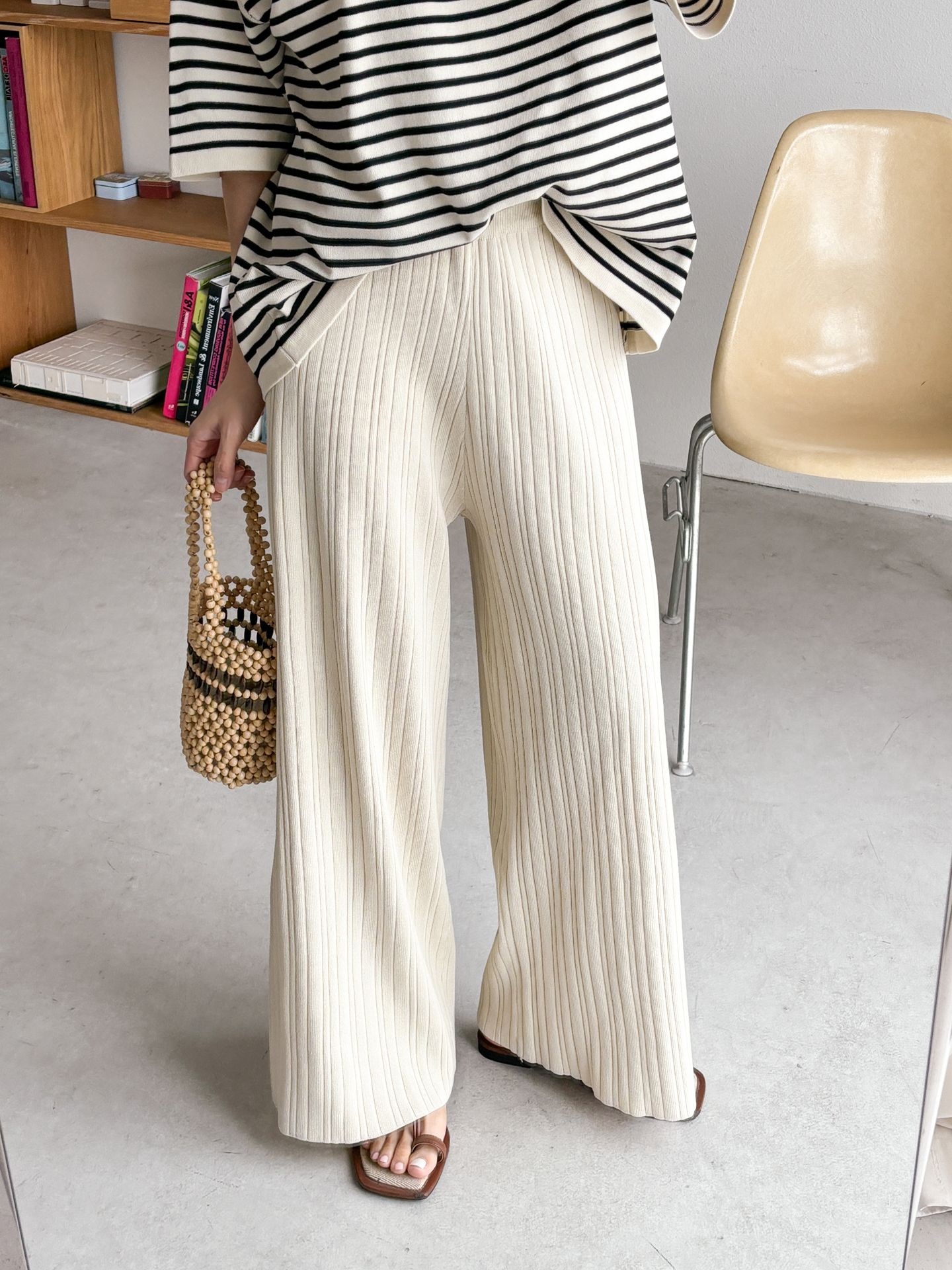 ラウンドネックウエストゴム半袖ボーダーセットアップパンツニット | 詳細画像30