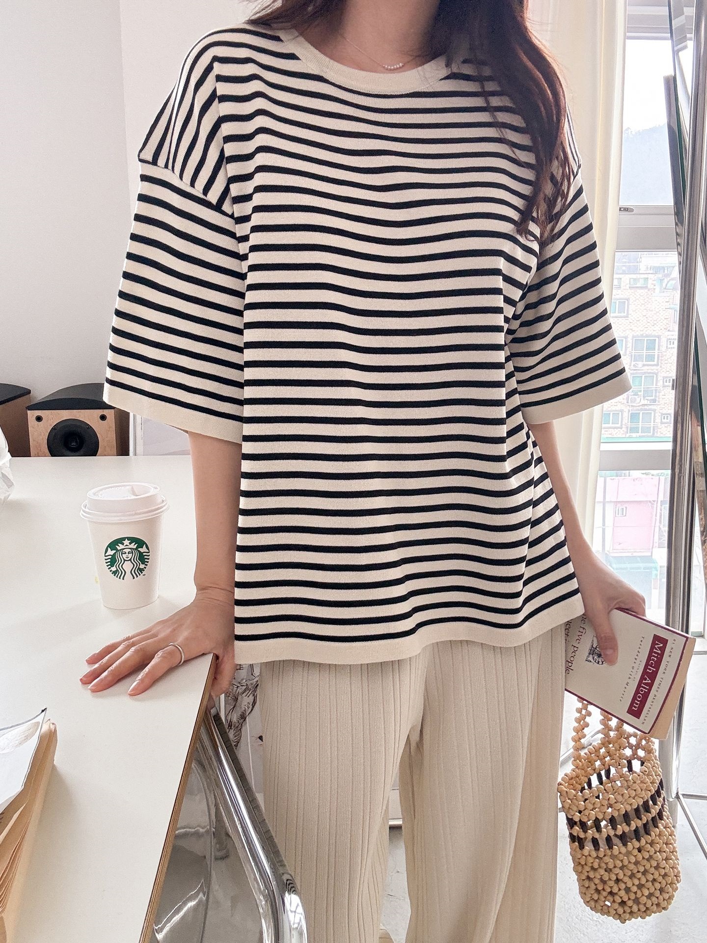 ラウンドネックウエストゴム半袖ボーダーセットアップパンツニット | 詳細画像31