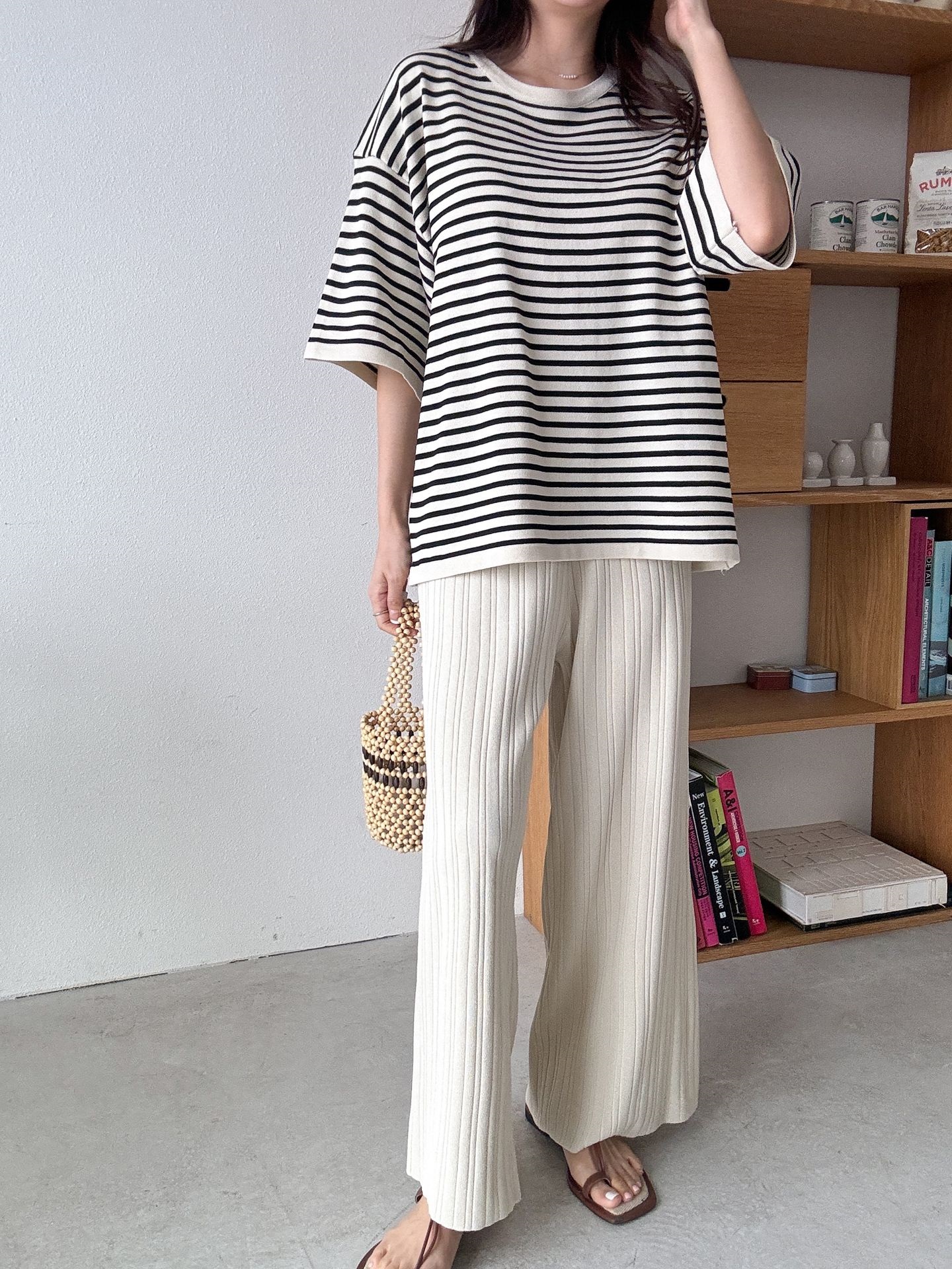 ラウンドネックウエストゴム半袖ボーダーセットアップパンツニット | 詳細画像22