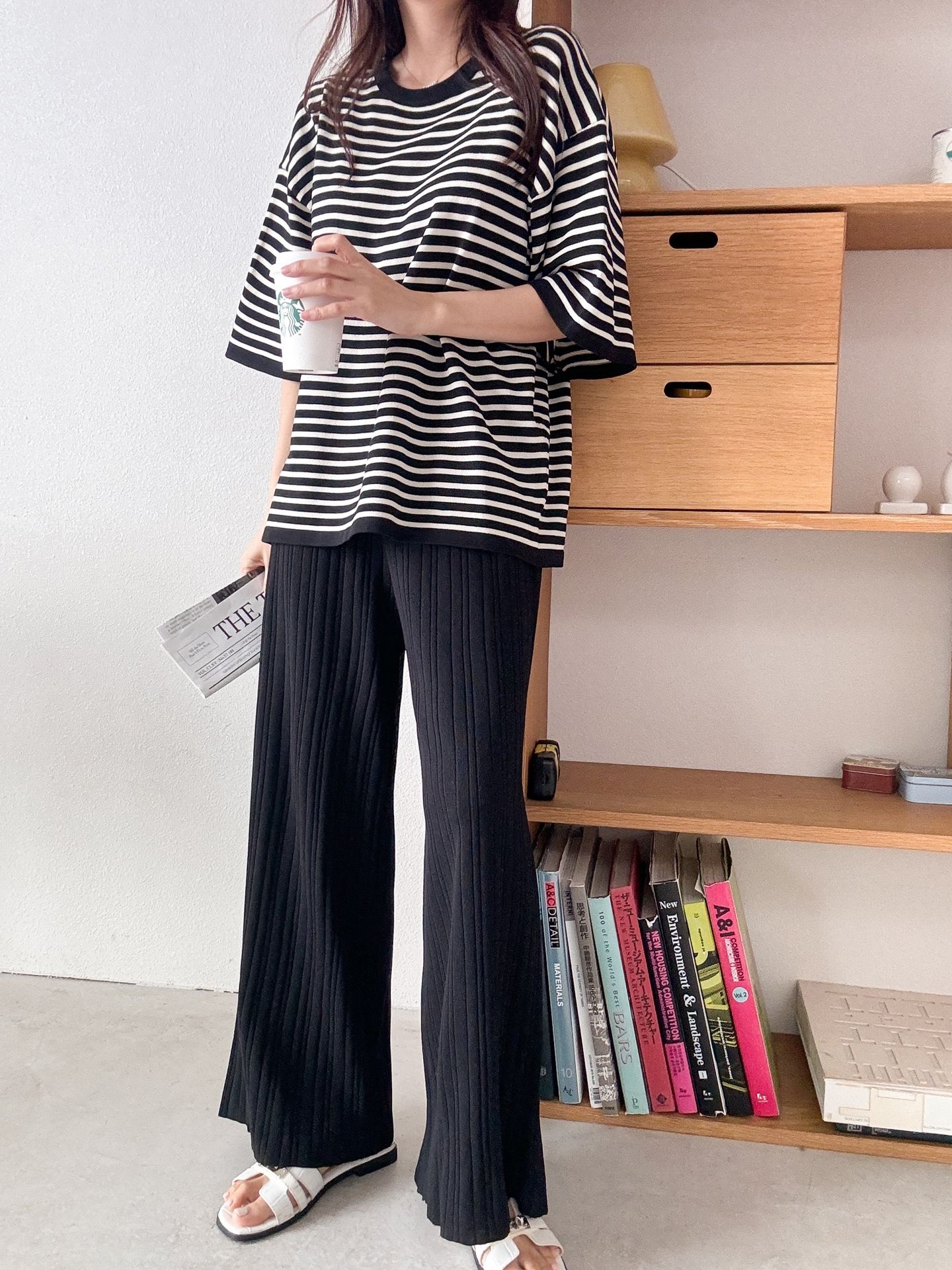 ラウンドネックウエストゴム半袖ボーダーセットアップパンツニット | 詳細画像3