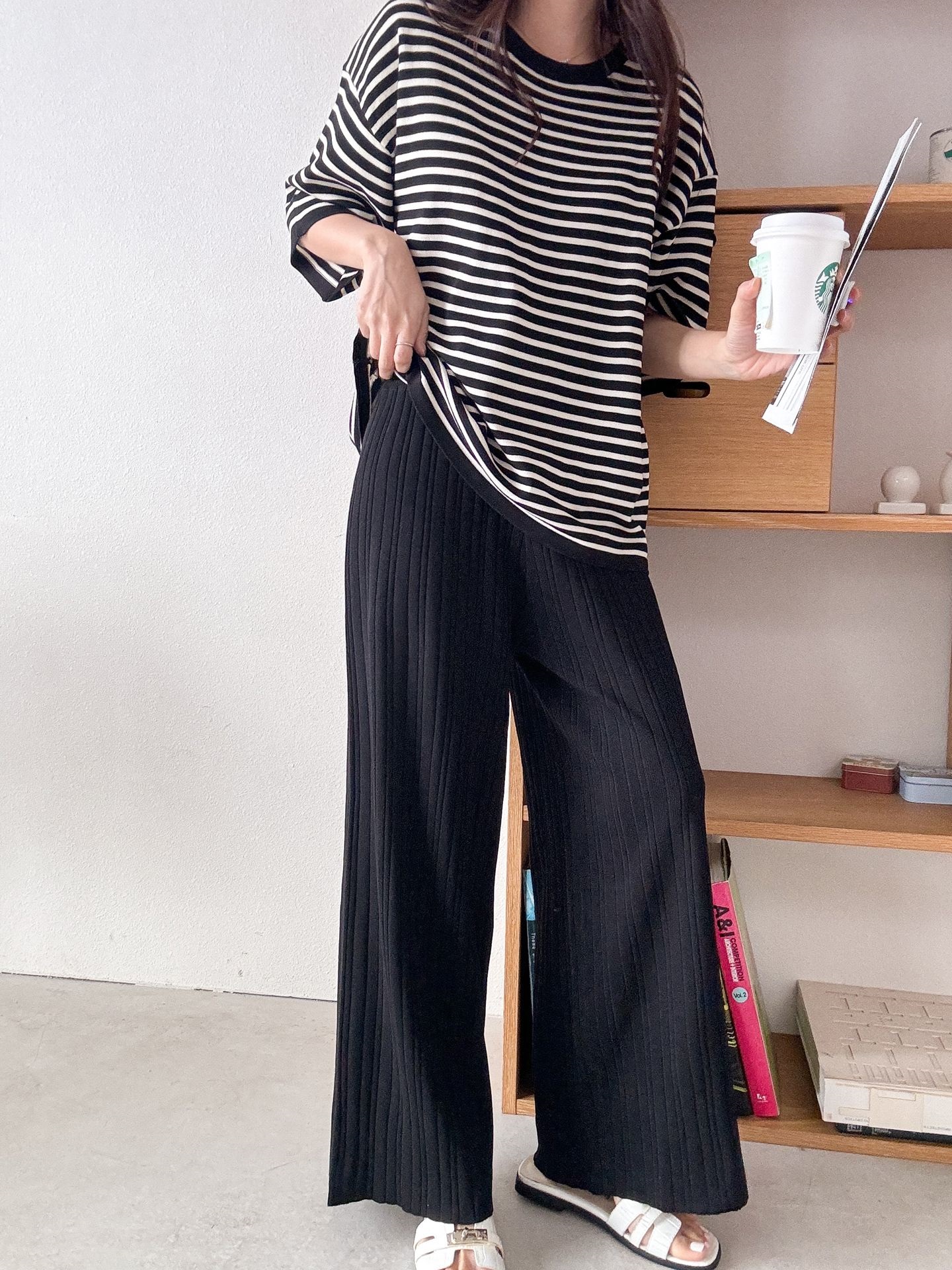 ラウンドネックウエストゴム半袖ボーダーセットアップパンツニット | 詳細画像5