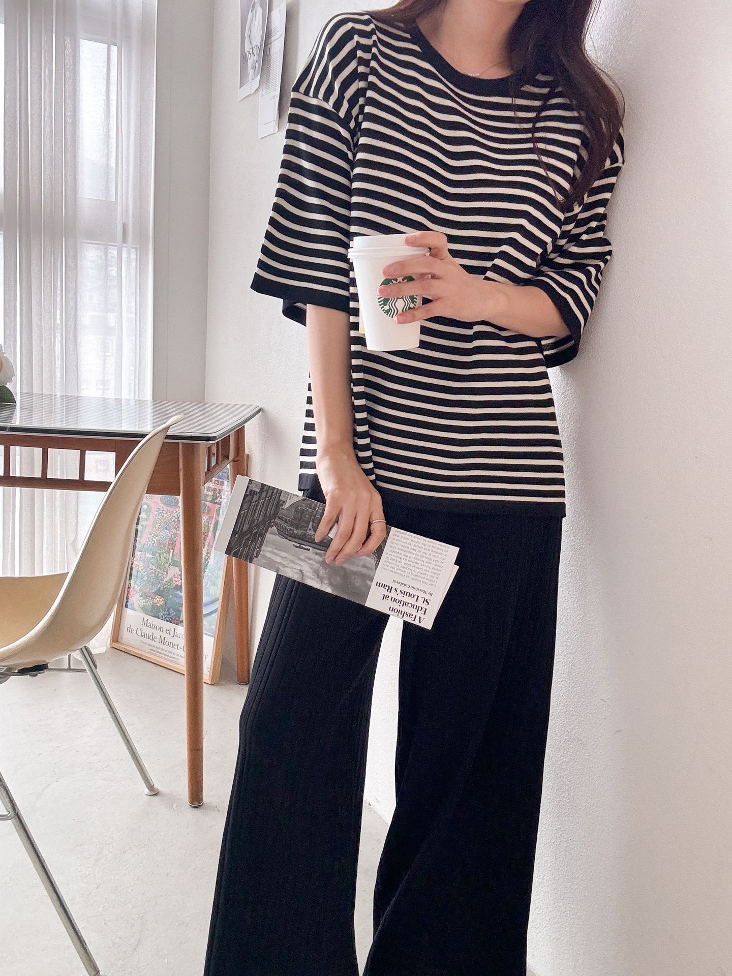 ラウンドネックウエストゴム半袖ボーダーセットアップパンツニット | 詳細画像7