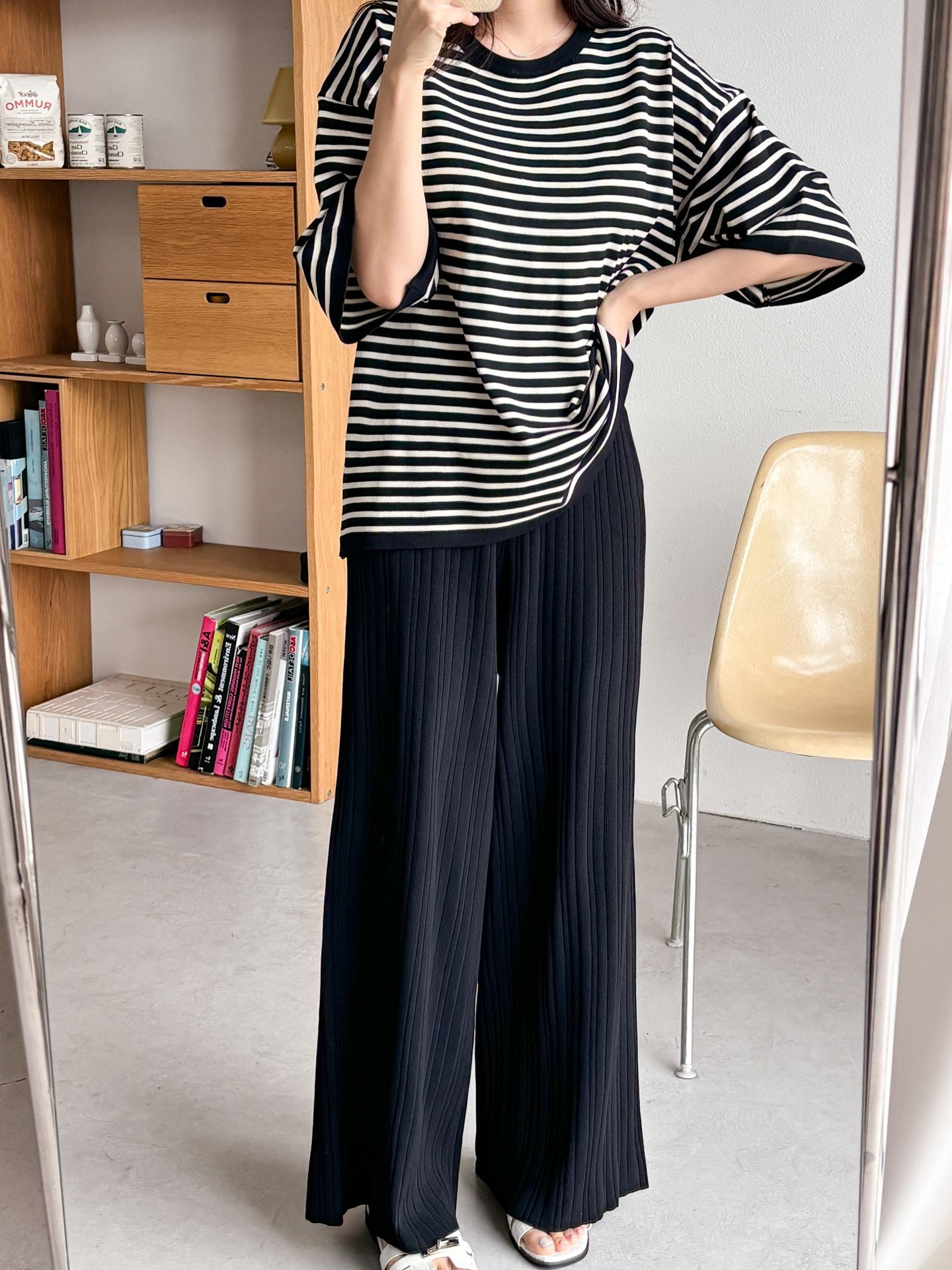 ラウンドネックウエストゴム半袖ボーダーセットアップパンツニット | 詳細画像9