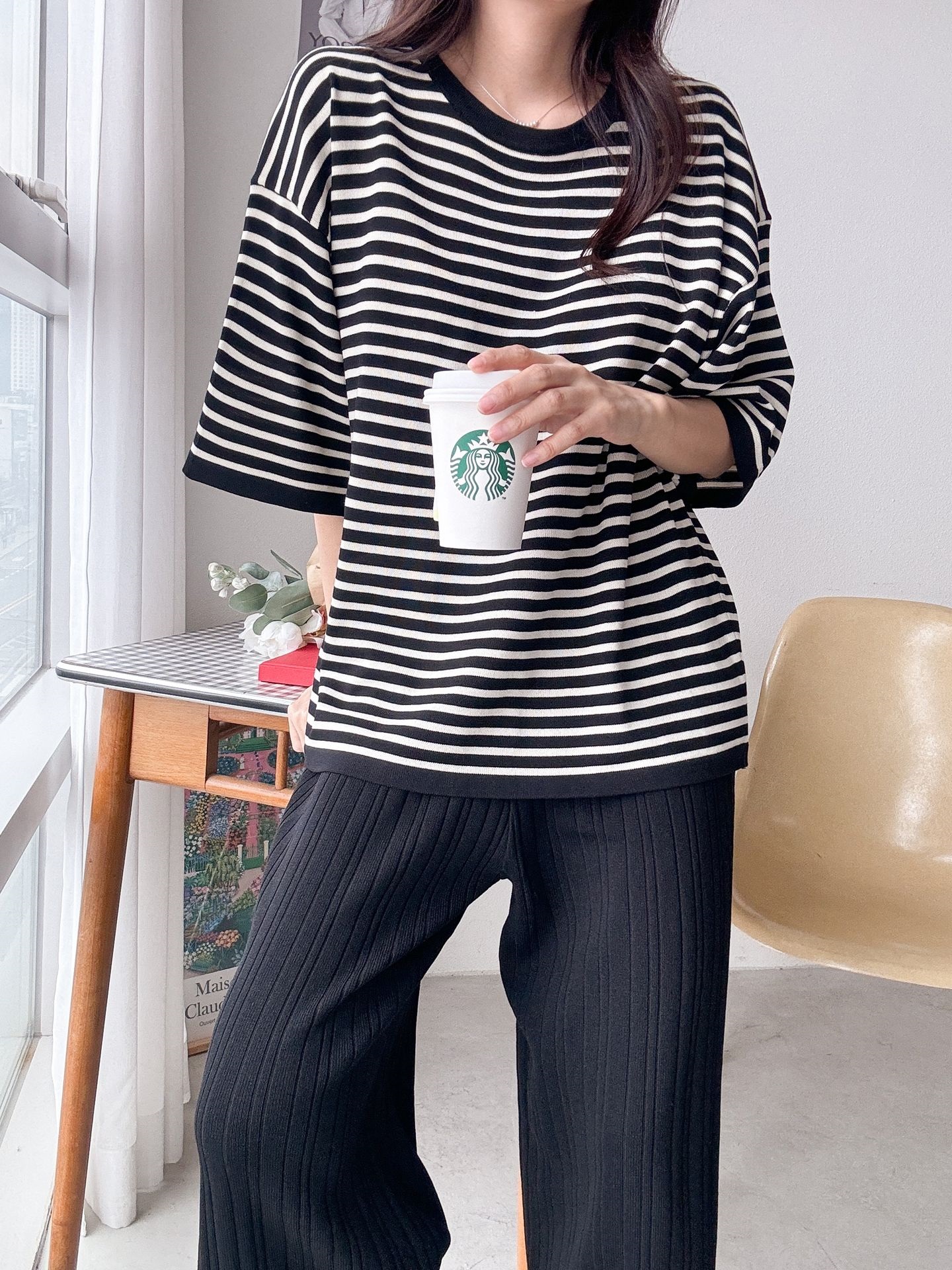 ラウンドネックウエストゴム半袖ボーダーセットアップパンツニット | 詳細画像11