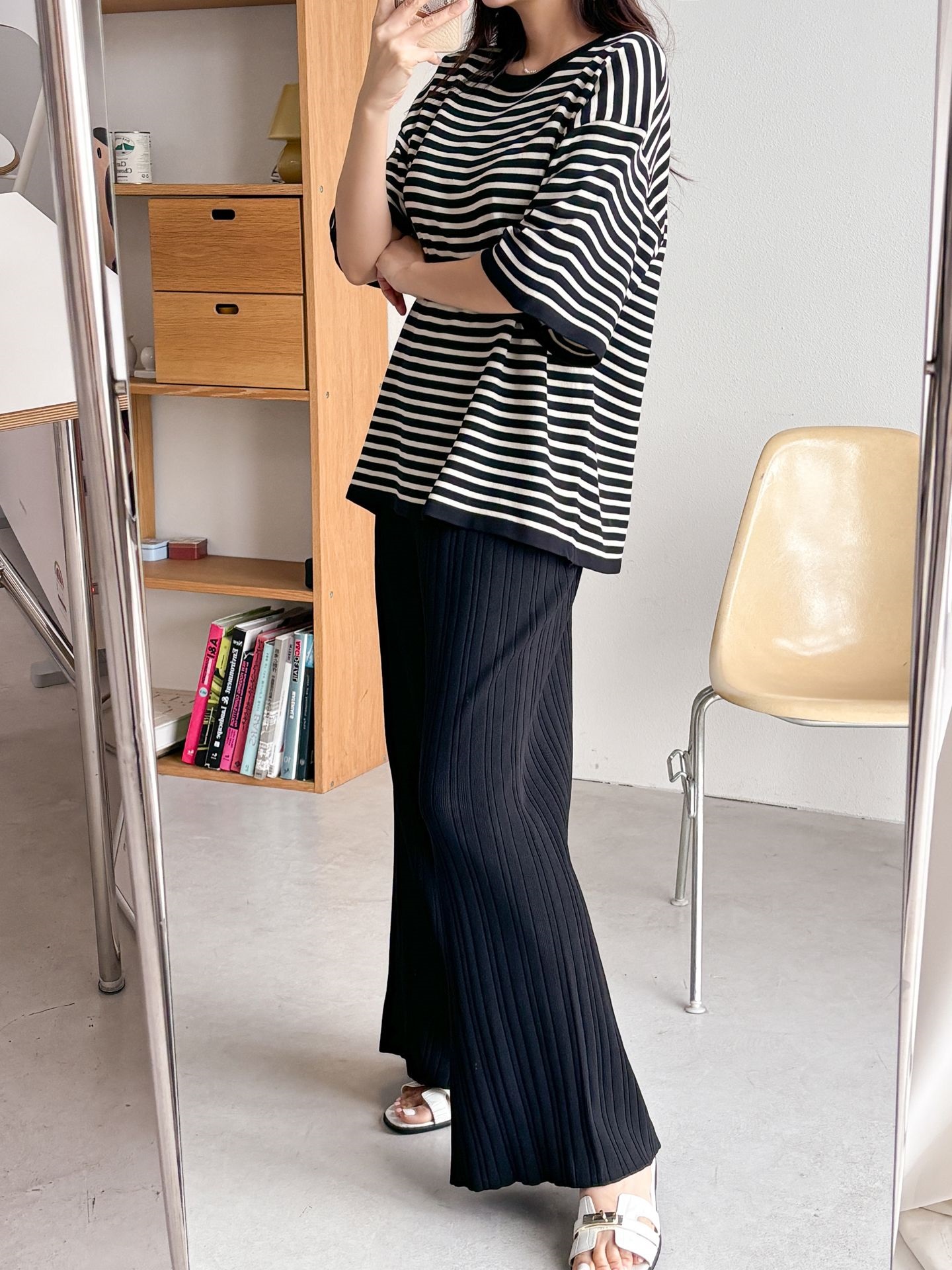 ラウンドネックウエストゴム半袖ボーダーセットアップパンツニット | 詳細画像13