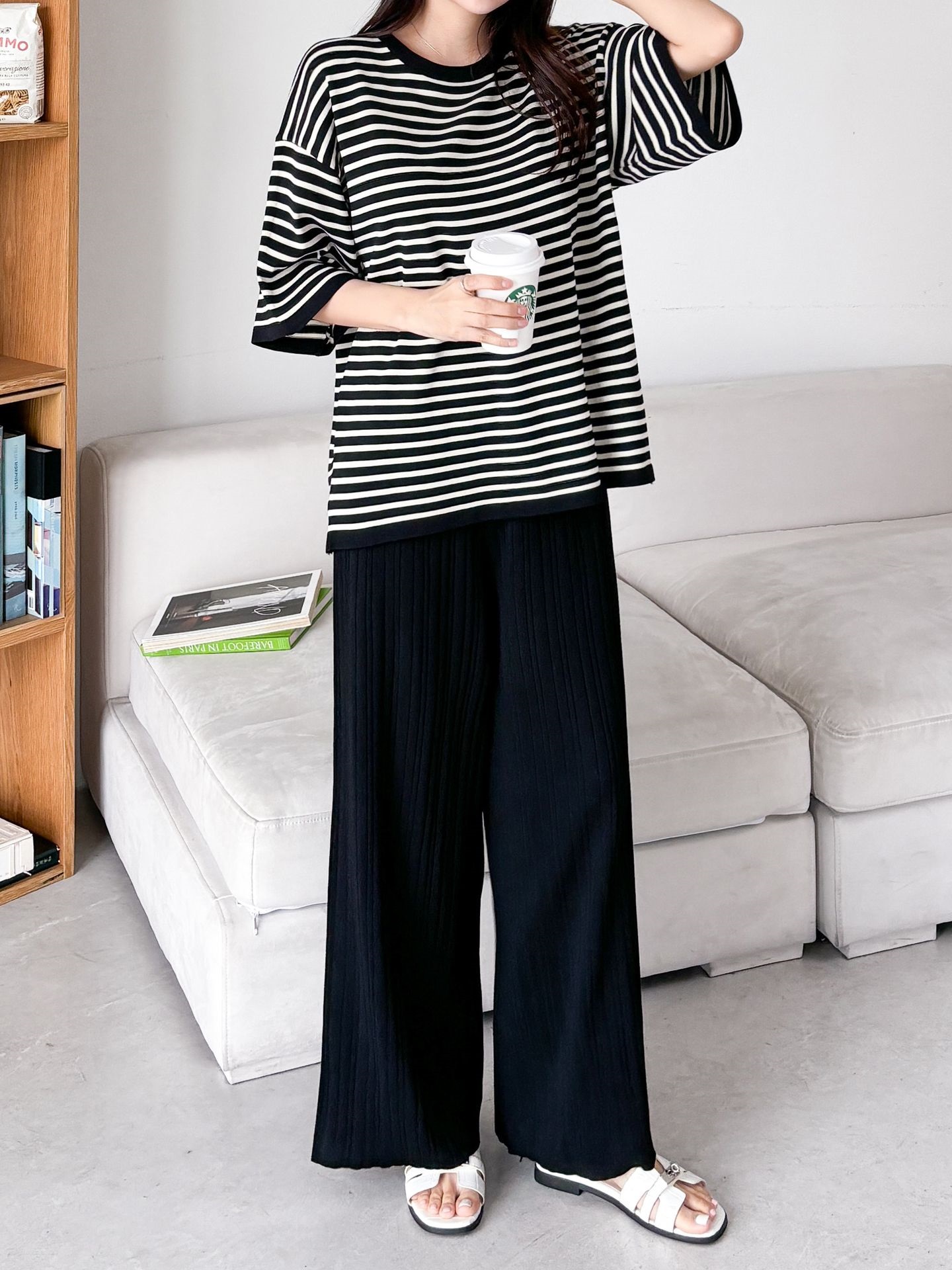 ラウンドネックウエストゴム半袖ボーダーセットアップパンツニット | 詳細画像15