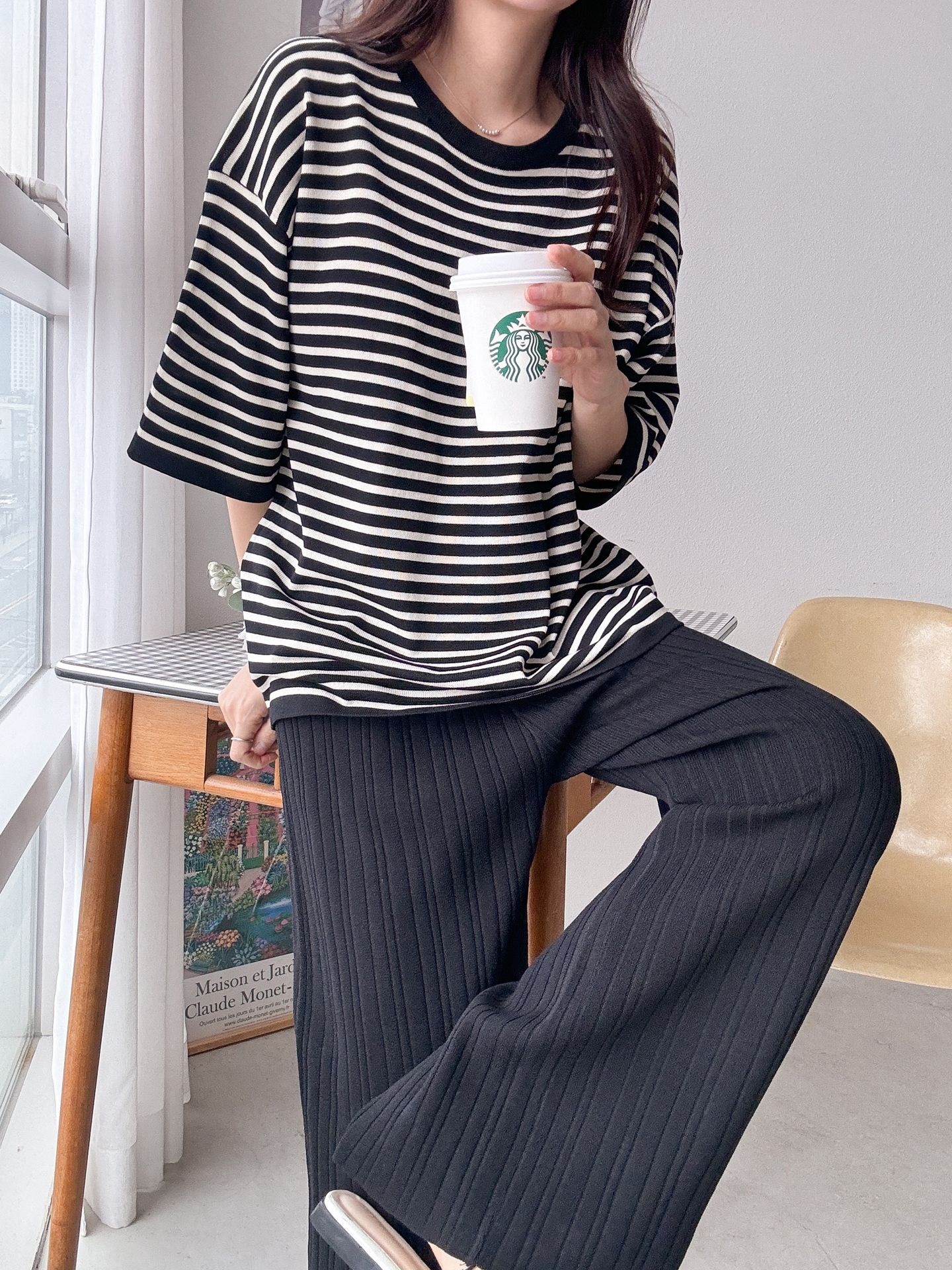 ラウンドネックウエストゴム半袖ボーダーセットアップパンツニット | 詳細画像17