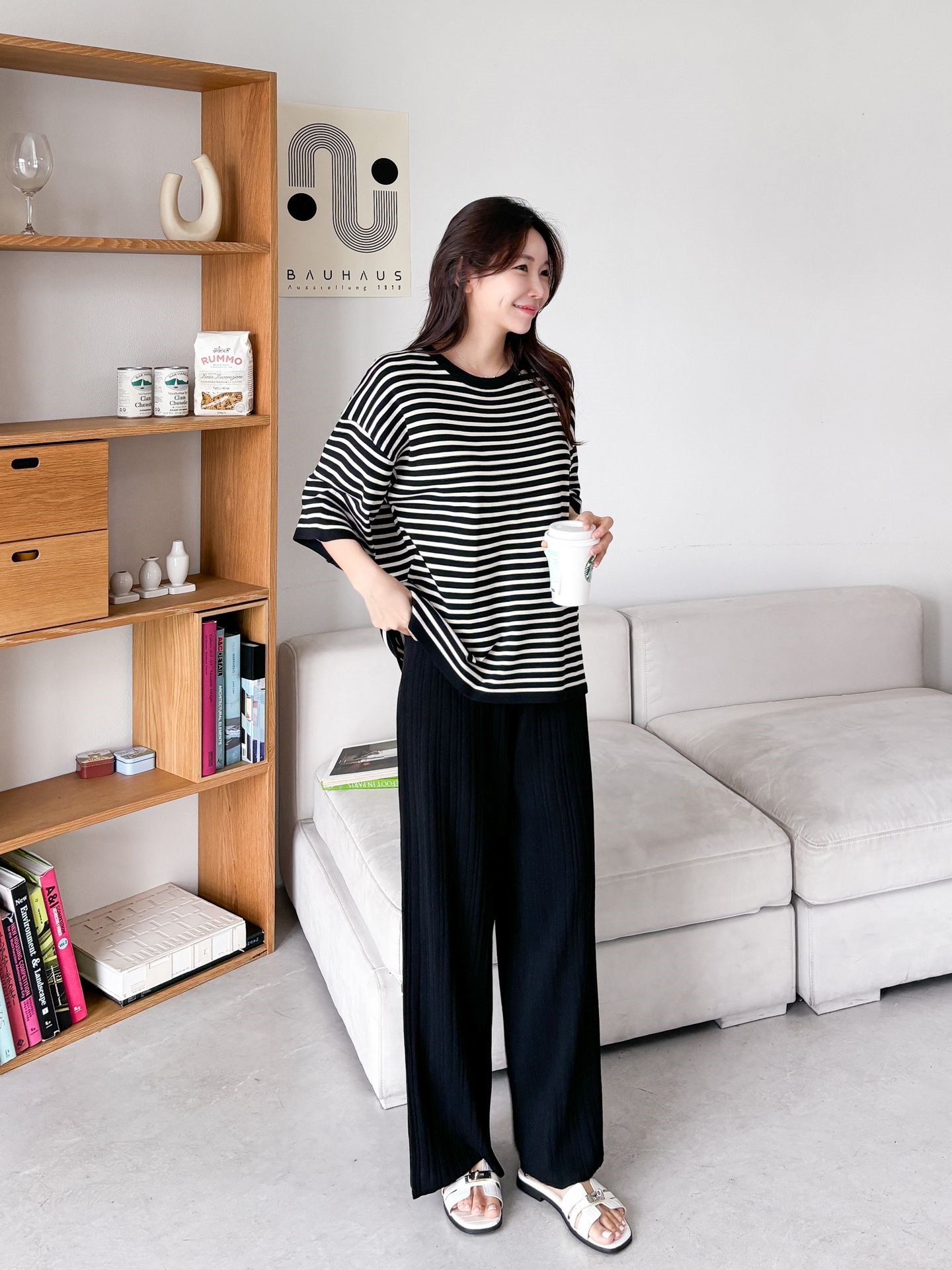 ラウンドネックウエストゴム半袖ボーダーセットアップパンツニット | 詳細画像21