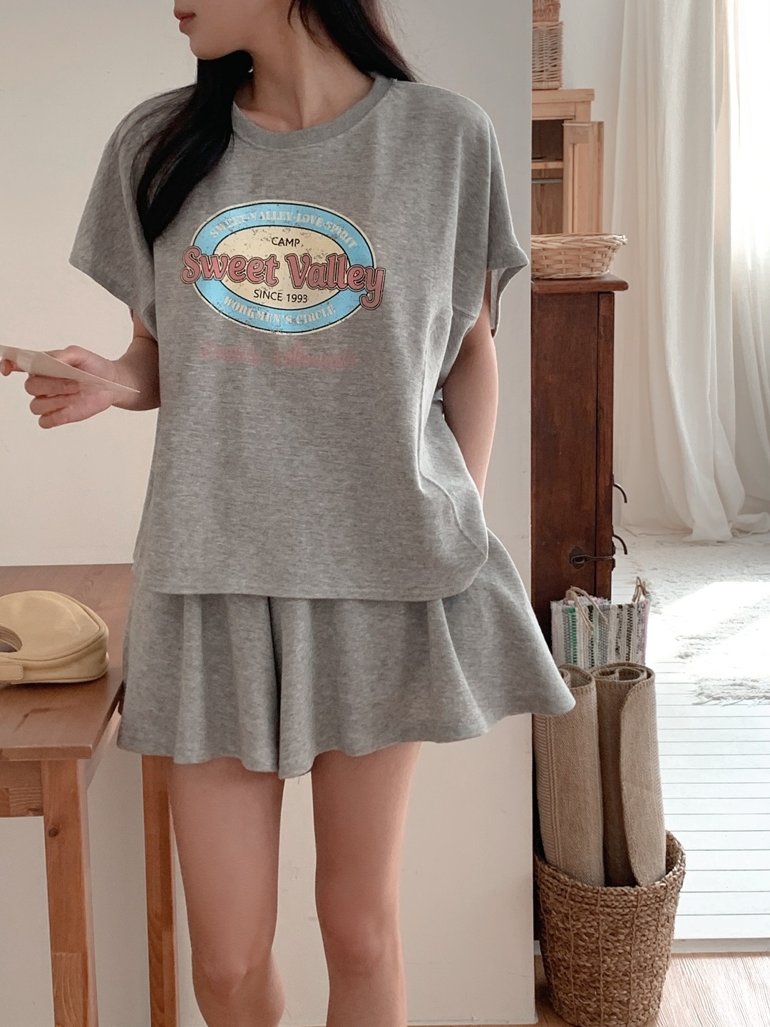 ラウンドネックスリットポケットウエストゴムドルマンオーバーサイズ半袖プリントセットアップTシャツショートパンツ | 詳細画像9