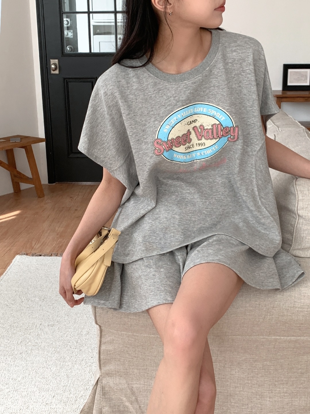 ラウンドネックスリットポケットウエストゴムドルマンオーバーサイズ半袖プリントセットアップTシャツショートパンツ | 詳細画像15