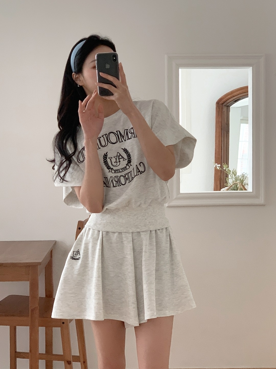 ラウンドネックポケットウエストゴムレタリング刺繍セットアップTシャツショートパンツ | 詳細画像6