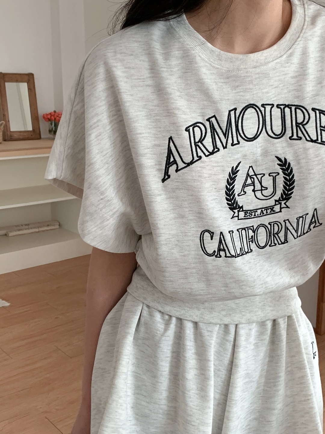 ラウンドネックポケットウエストゴムレタリング刺繍セットアップTシャツショートパンツ | 詳細画像13