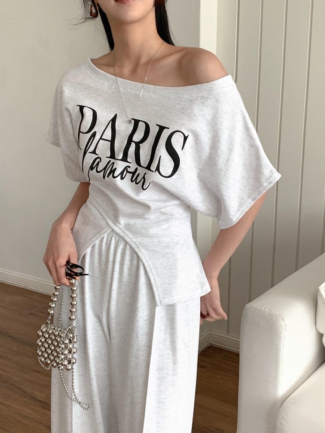 ボートネックスリットウエストゴムラグラン半袖レタリングセットアップパンツTシャツ | 詳細画像2