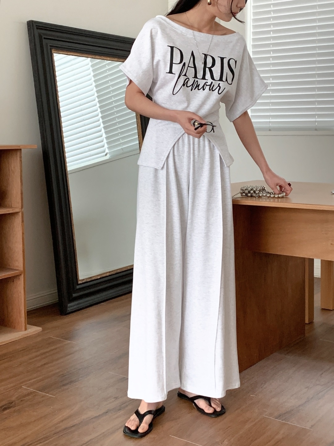 ボートネックスリットウエストゴムラグラン半袖レタリングセットアップパンツTシャツ | 詳細画像5