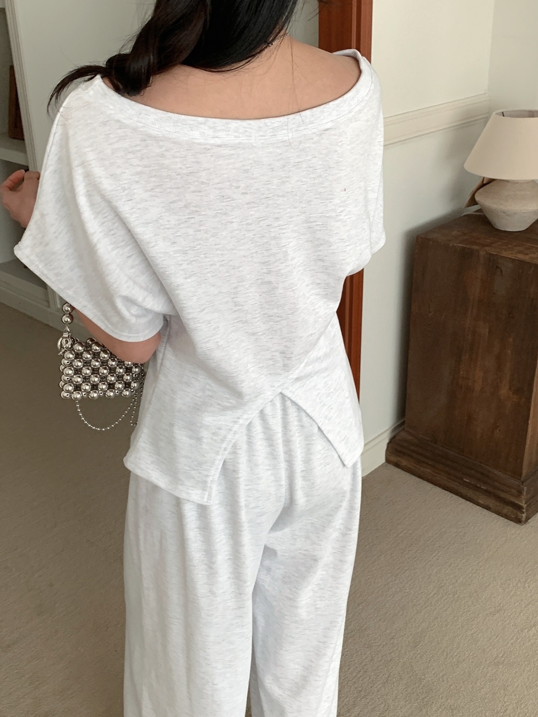 ボートネックスリットウエストゴムラグラン半袖レタリングセットアップパンツTシャツ | 詳細画像7