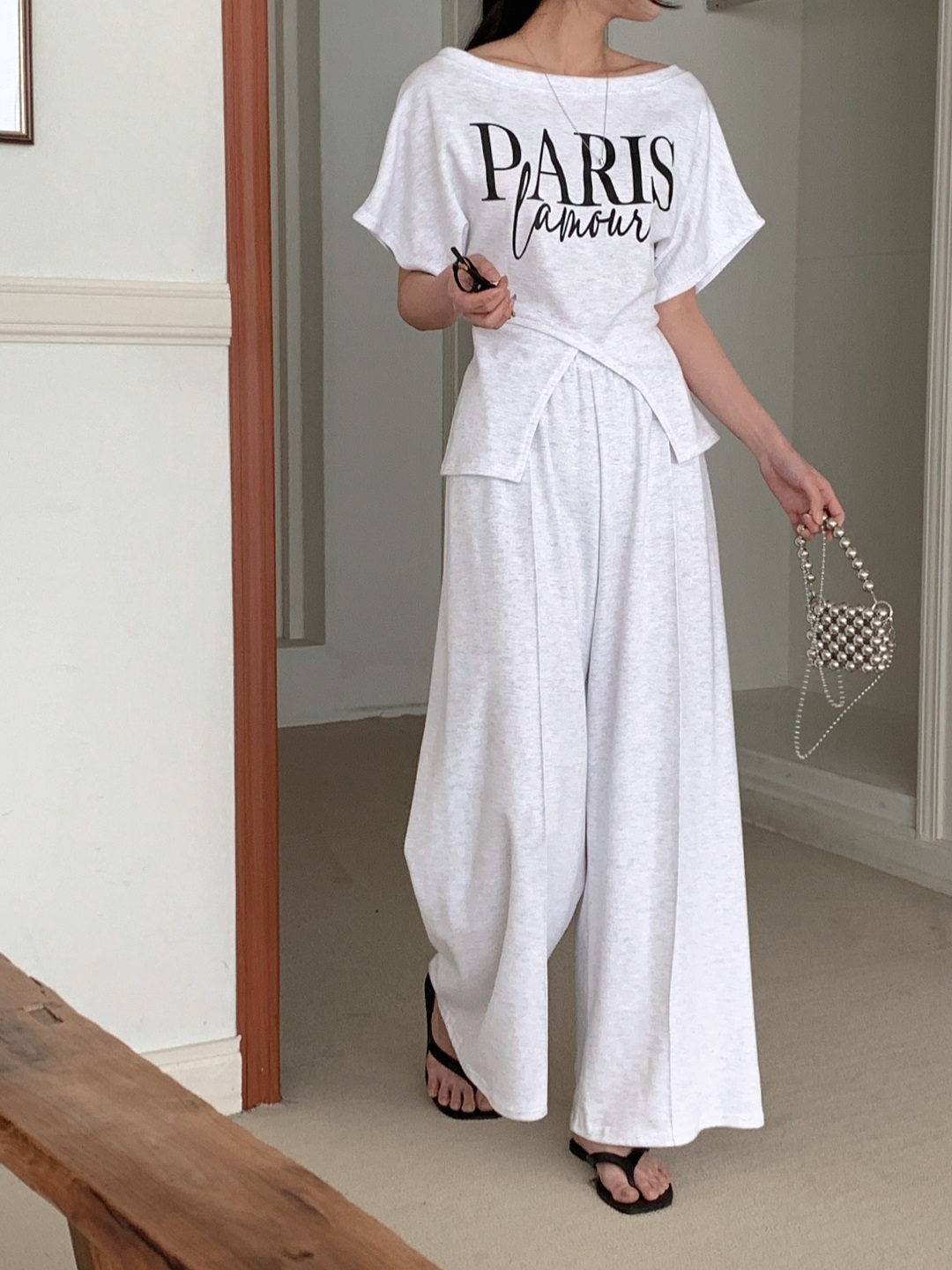 ボートネックスリットウエストゴムラグラン半袖レタリングセットアップパンツTシャツ | 詳細画像8