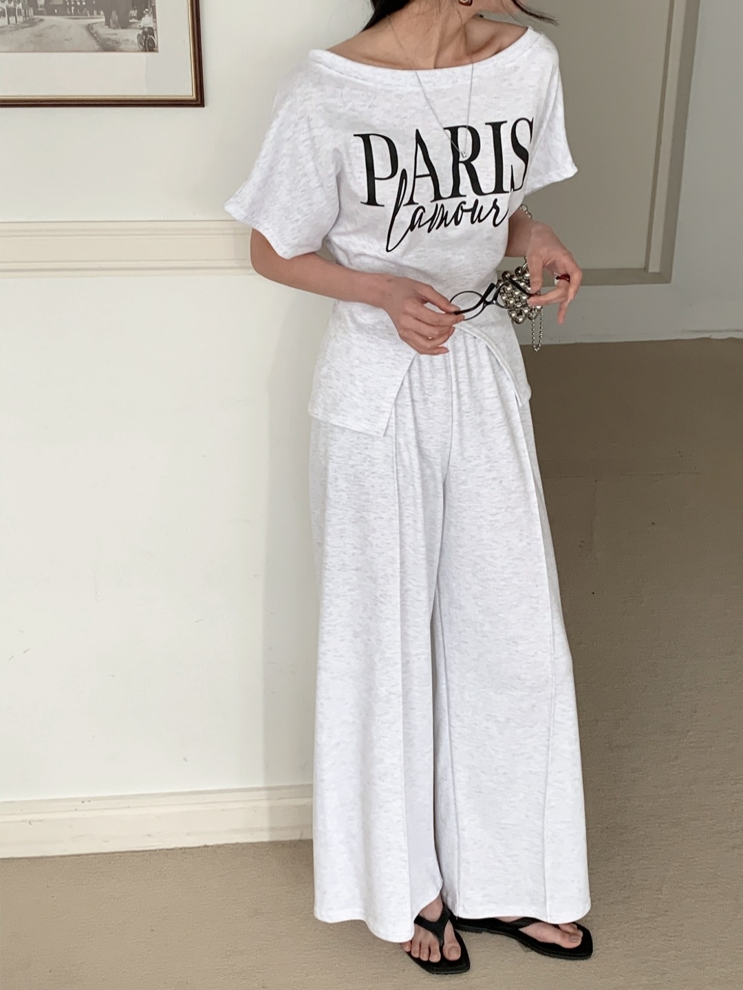 ボートネックスリットウエストゴムラグラン半袖レタリングセットアップパンツTシャツ | 詳細画像9