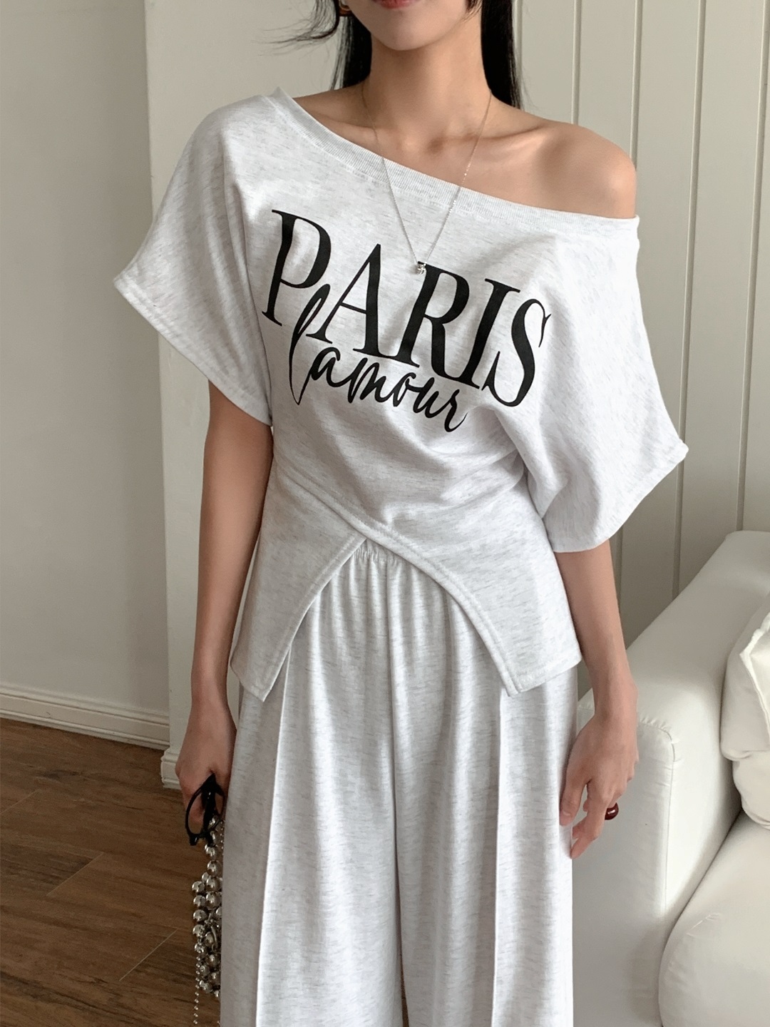 ボートネックスリットウエストゴムラグラン半袖レタリングセットアップパンツTシャツ | 詳細画像11