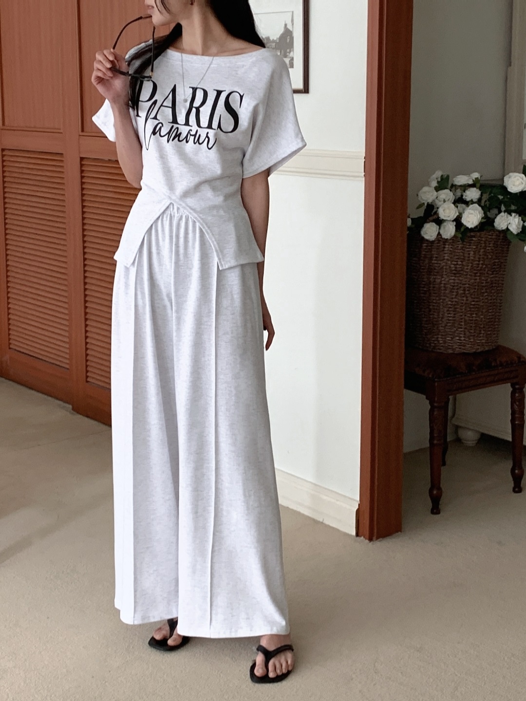 ボートネックスリットウエストゴムラグラン半袖レタリングセットアップパンツTシャツ | 詳細画像12