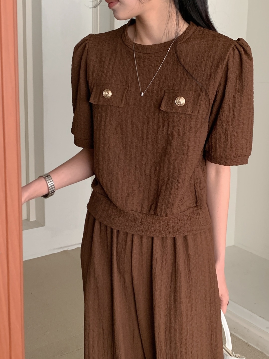 ラウンドネックウエストゴムパフスリーブ半袖ワイドフェイクポケットセットアップパンツTシャツ | 詳細画像2