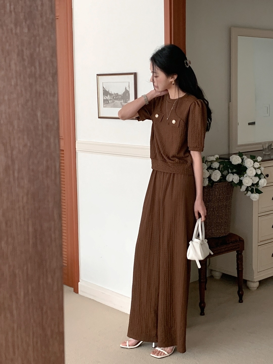 ラウンドネックウエストゴムパフスリーブ半袖ワイドフェイクポケットセットアップパンツTシャツ | 詳細画像4