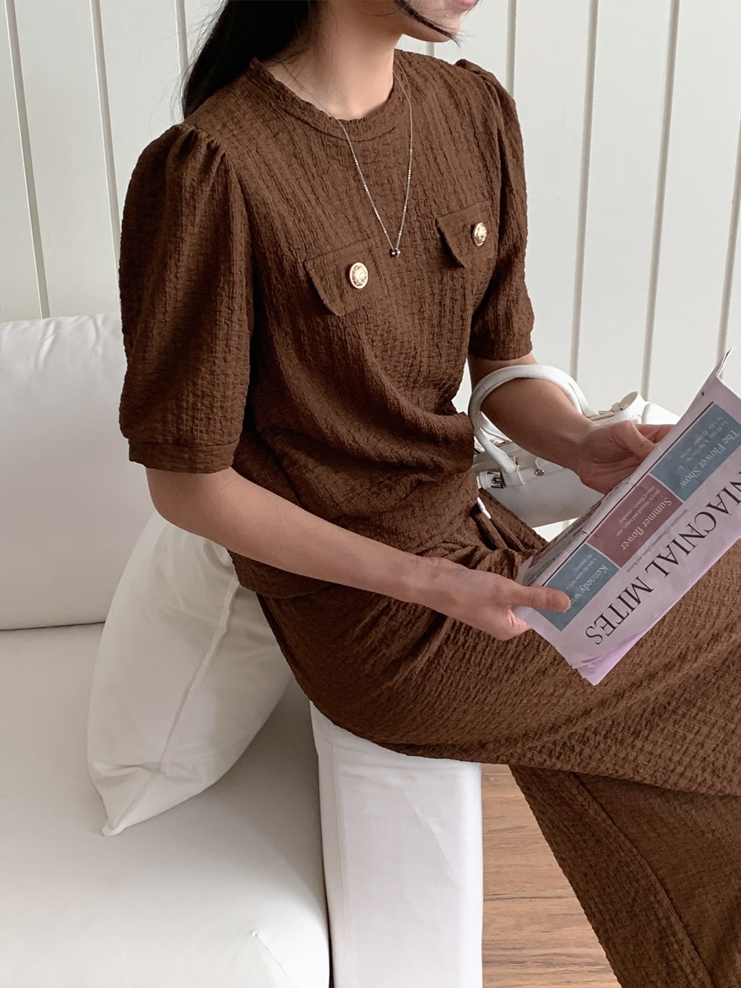 ラウンドネックウエストゴムパフスリーブ半袖ワイドフェイクポケットセットアップパンツTシャツ | 詳細画像5