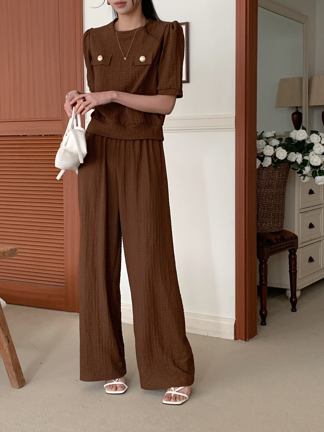 ラウンドネックウエストゴムパフスリーブ半袖ワイドフェイクポケットセットアップパンツTシャツ | 詳細画像8