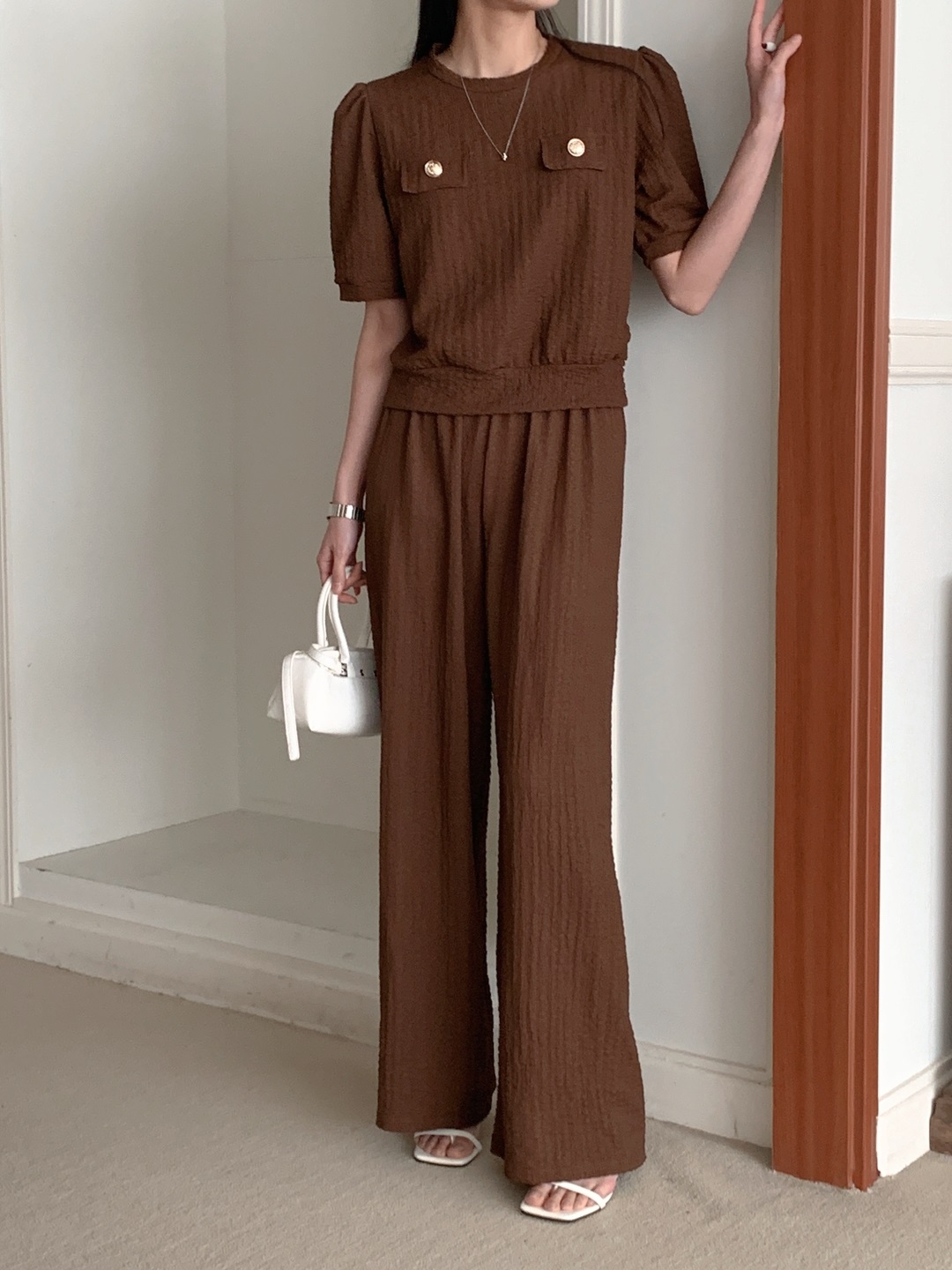 ラウンドネックウエストゴムパフスリーブ半袖ワイドフェイクポケットセットアップパンツTシャツ | 詳細画像9