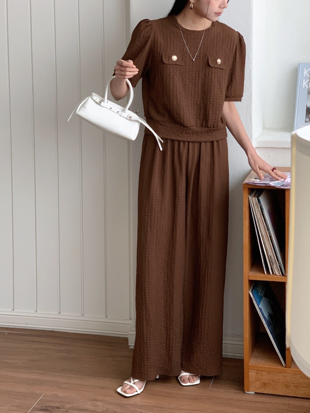 ラウンドネックウエストゴムパフスリーブ半袖ワイドフェイクポケットセットアップパンツTシャツ | 詳細画像11