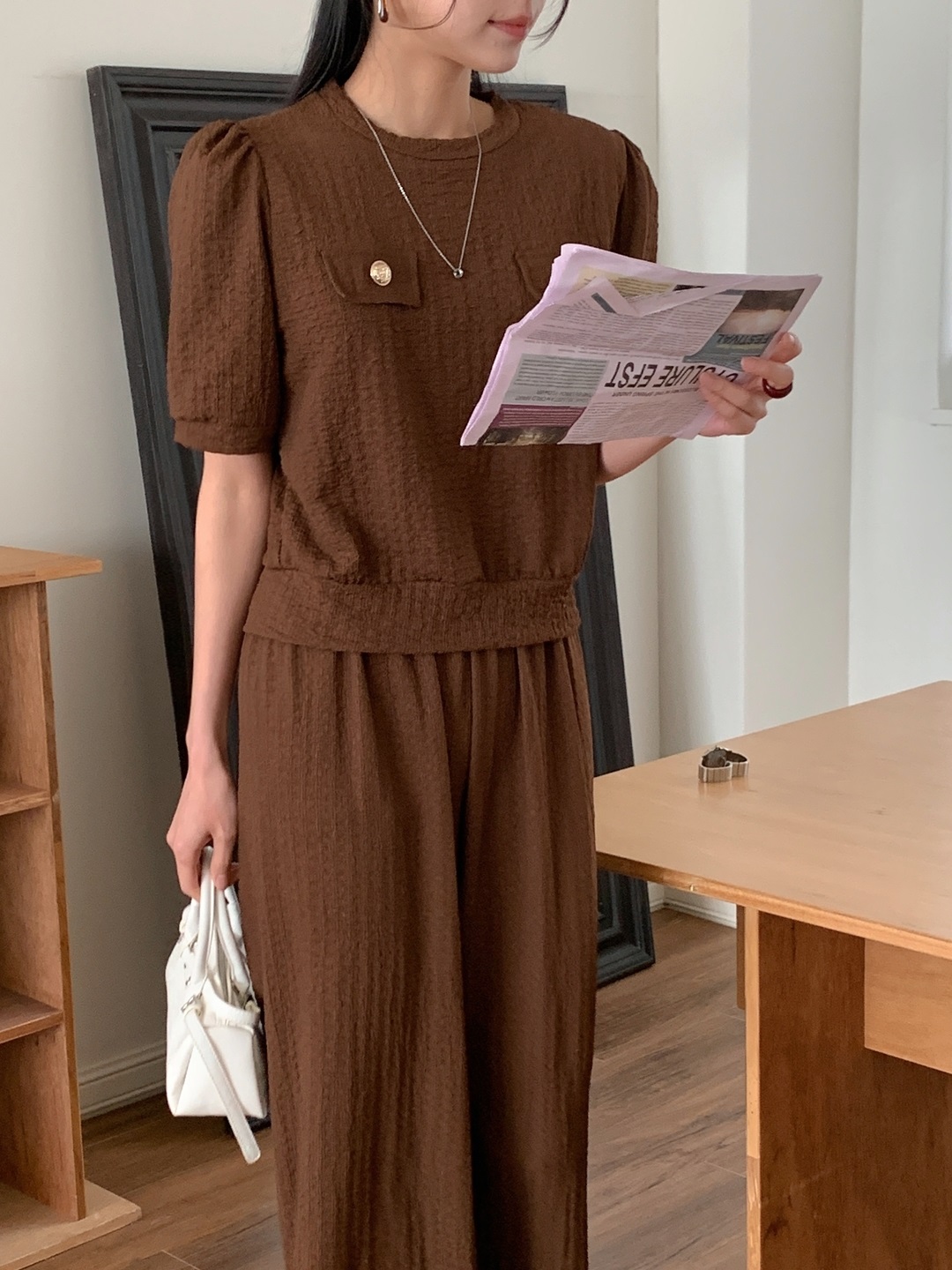 ラウンドネックウエストゴムパフスリーブ半袖ワイドフェイクポケットセットアップパンツTシャツ | 詳細画像12