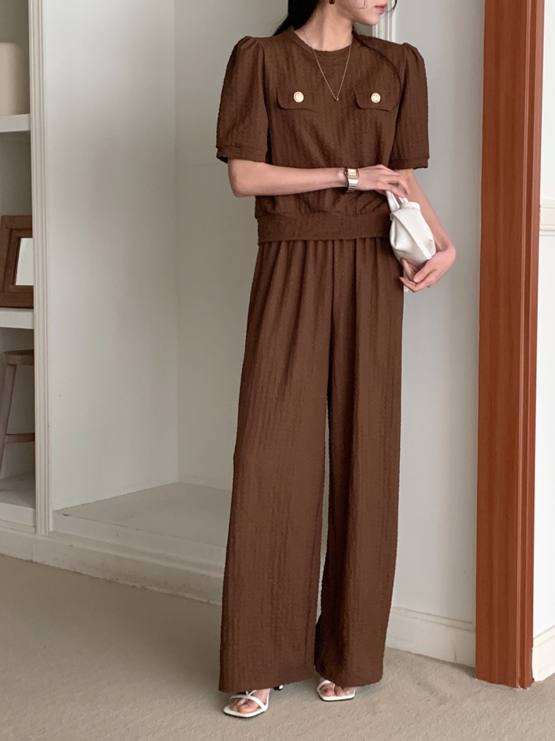 ラウンドネックウエストゴムパフスリーブ半袖ワイドフェイクポケットセットアップパンツTシャツ | 詳細画像13