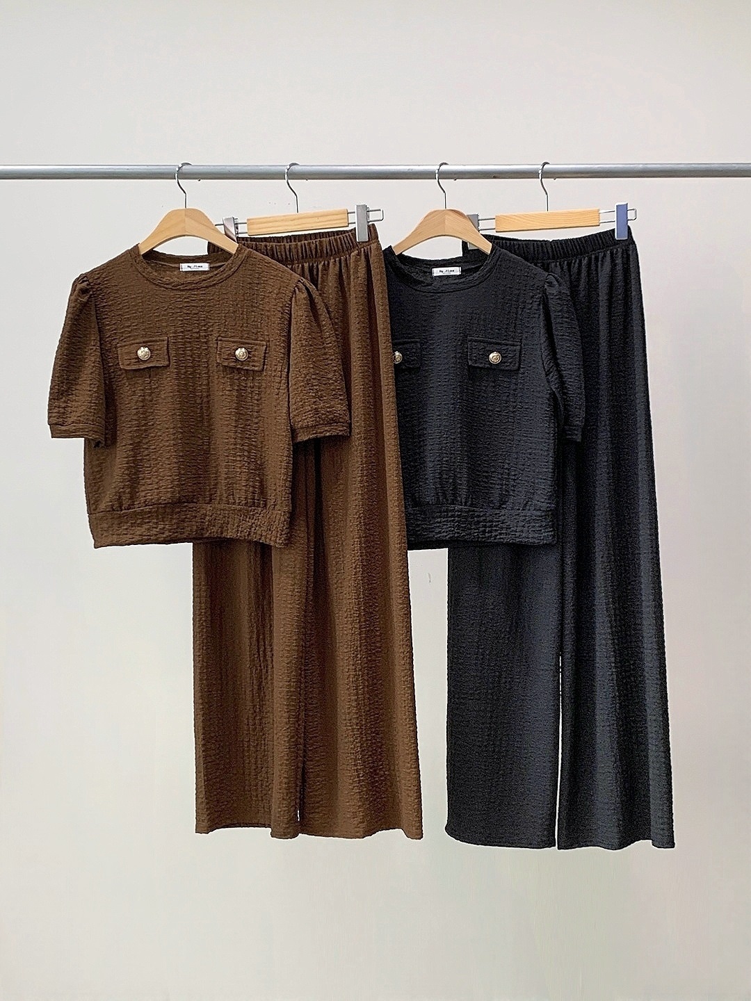 ラウンドネックウエストゴムパフスリーブ半袖ワイドフェイクポケットセットアップパンツTシャツ | 詳細画像17