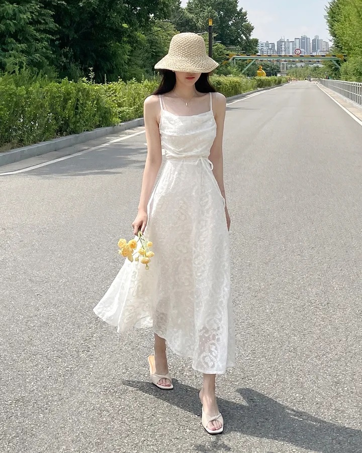 レースバックゴムスリムロングキャミワンピース | レディース