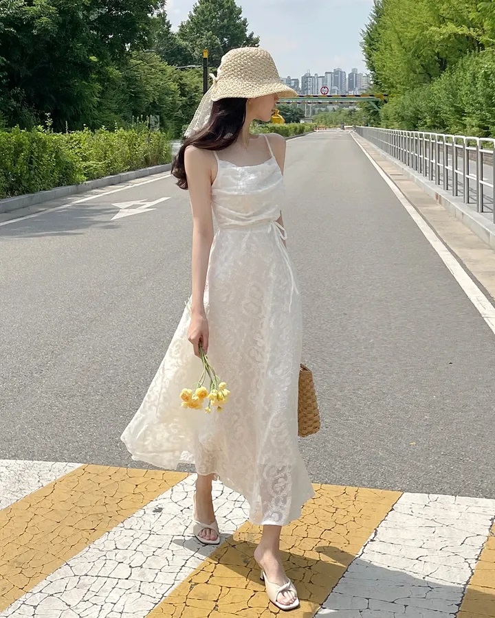 レースバックゴムスリムロングキャミワンピース | レディース