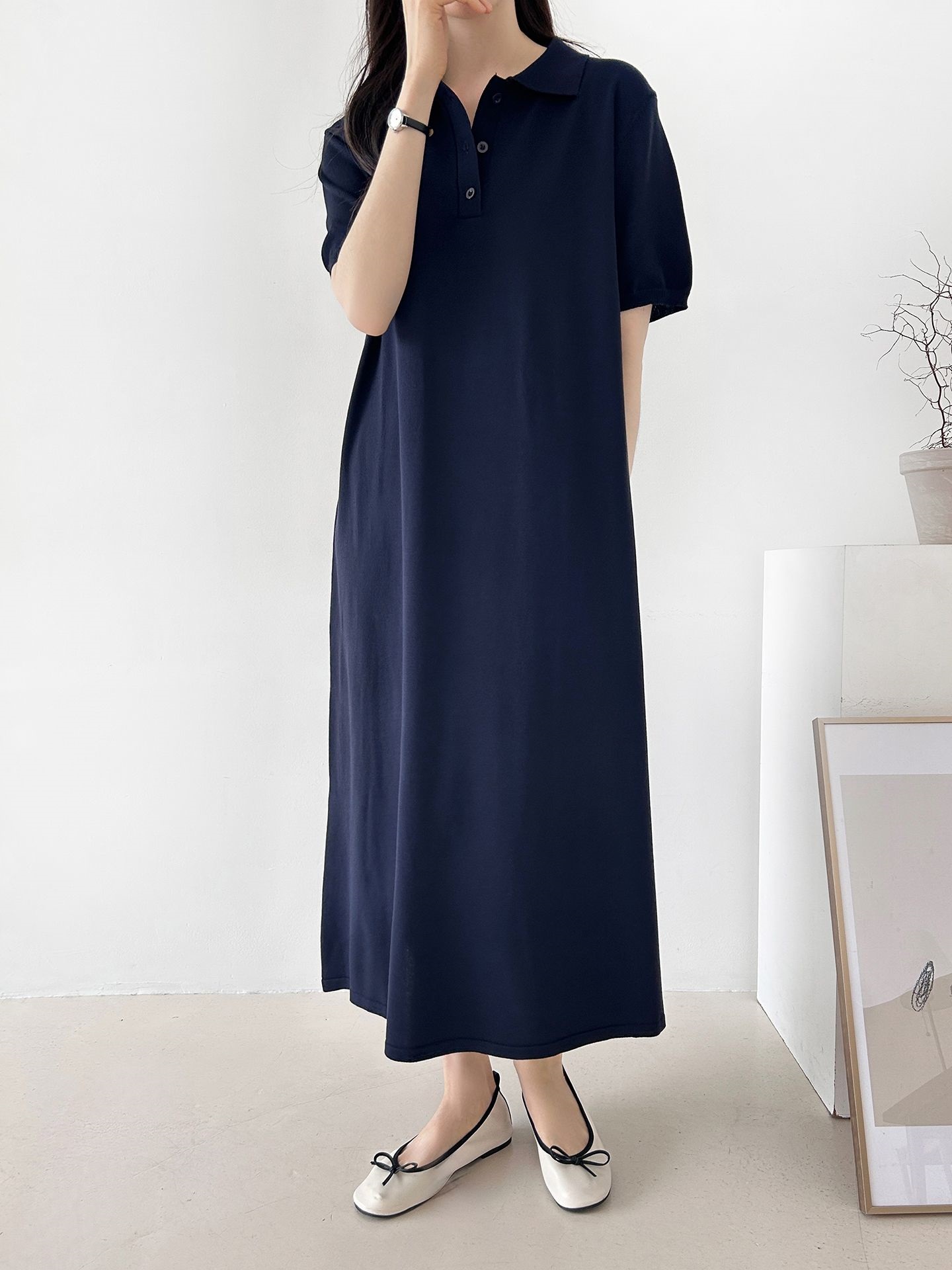 ニットボタンカラーロング半袖ワンピースストラップ付 | 詳細画像6