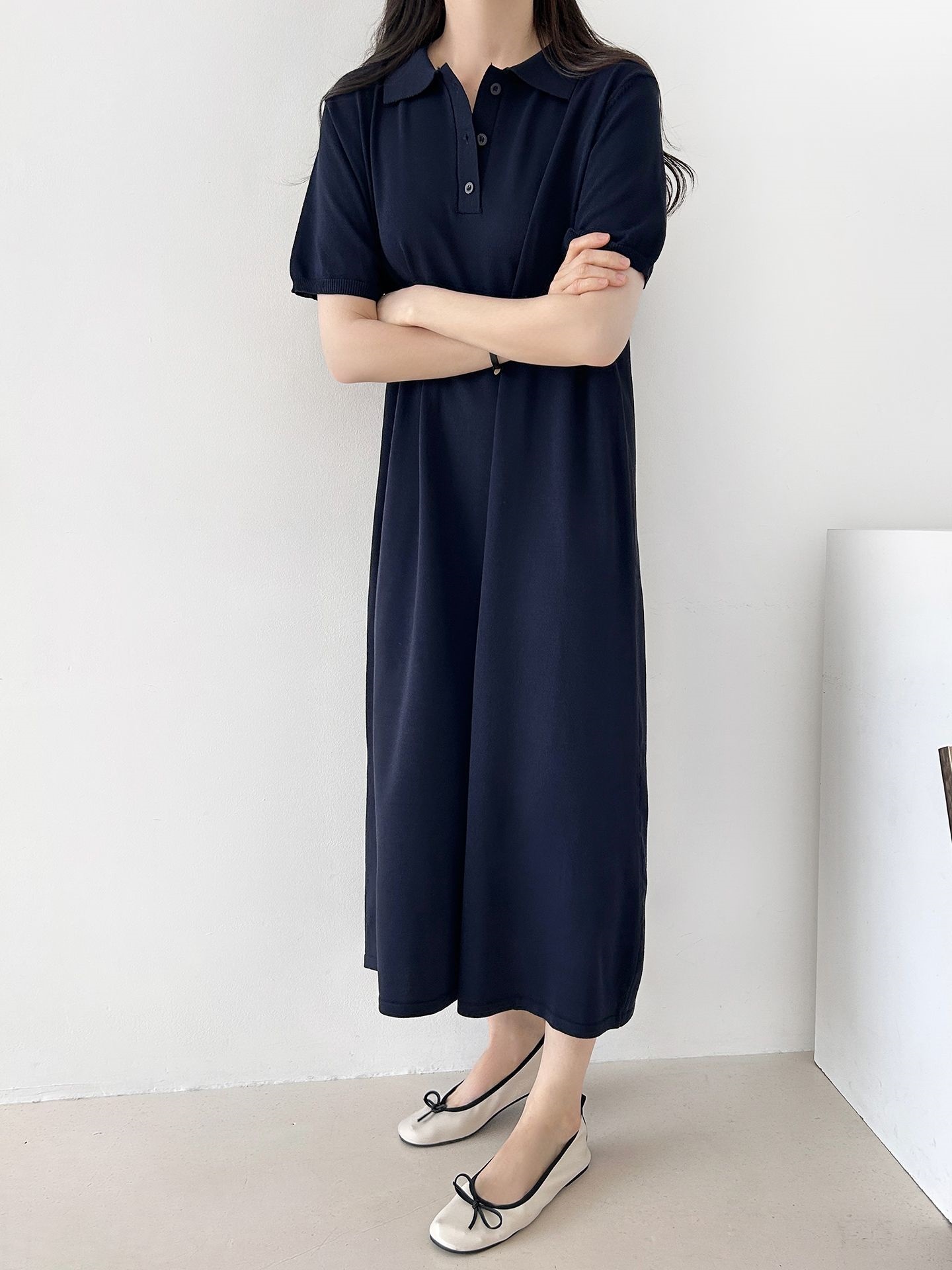 ニットボタンカラーロング半袖ワンピースストラップ付 | 詳細画像4