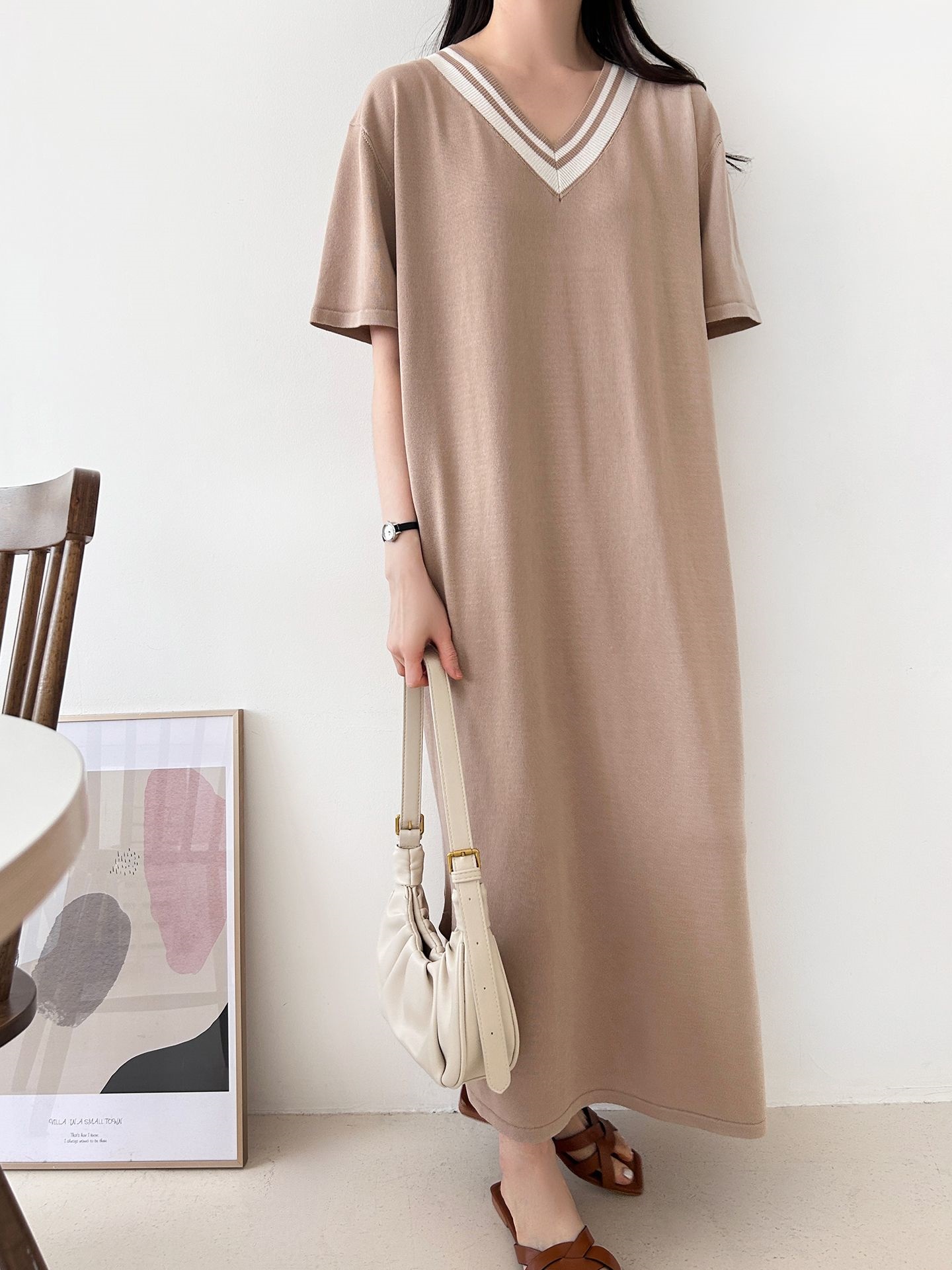 ニット配色Vネックロング半袖ワンピース | 詳細画像3