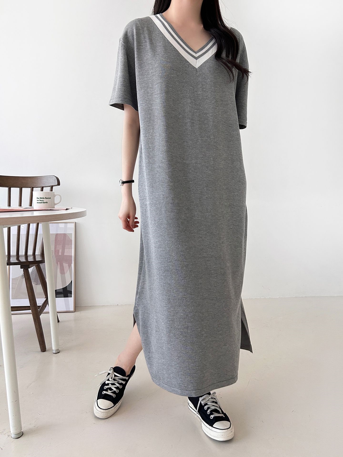 ニット配色Vネックロング半袖ワンピース | 詳細画像17