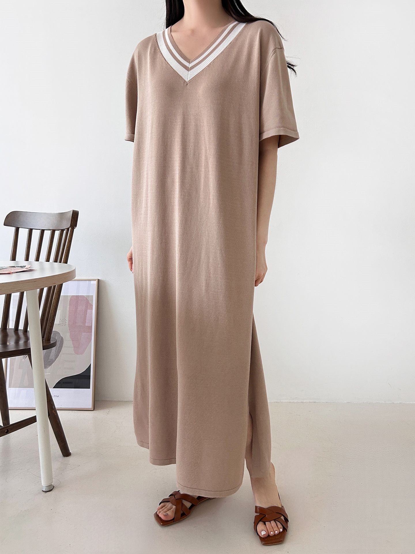 ニット配色Vネックロング半袖ワンピース | 詳細画像4