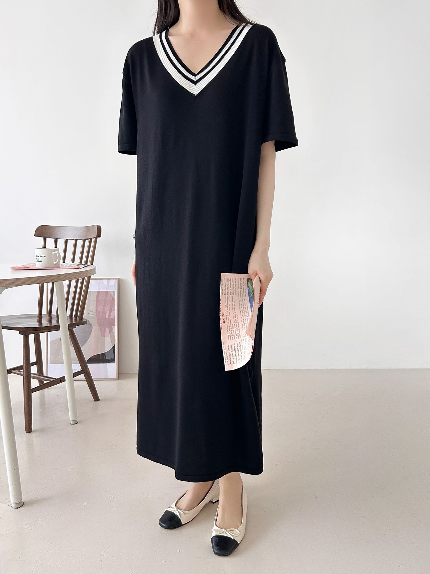 ニット配色Vネックロング半袖ワンピース | 詳細画像29