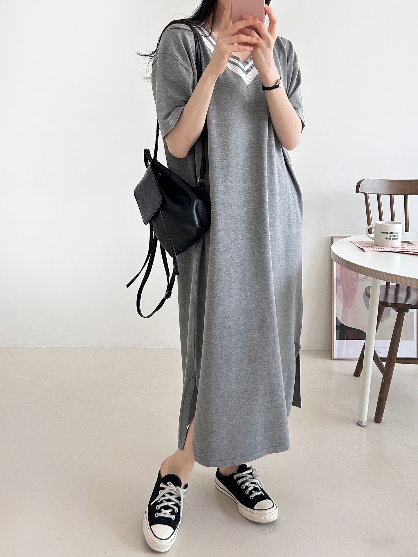 ニット配色Vネックロング半袖ワンピース | 詳細画像18