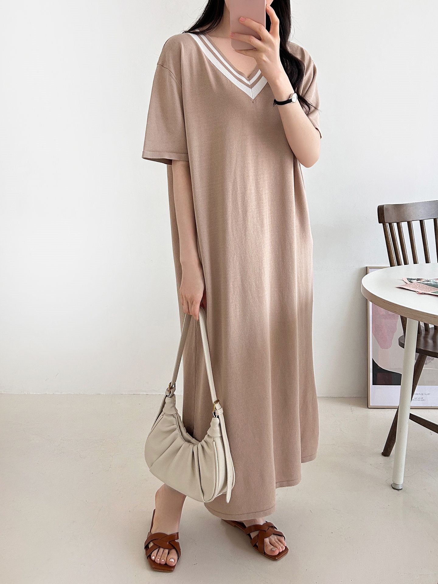 ニット配色Vネックロング半袖ワンピース | 詳細画像6