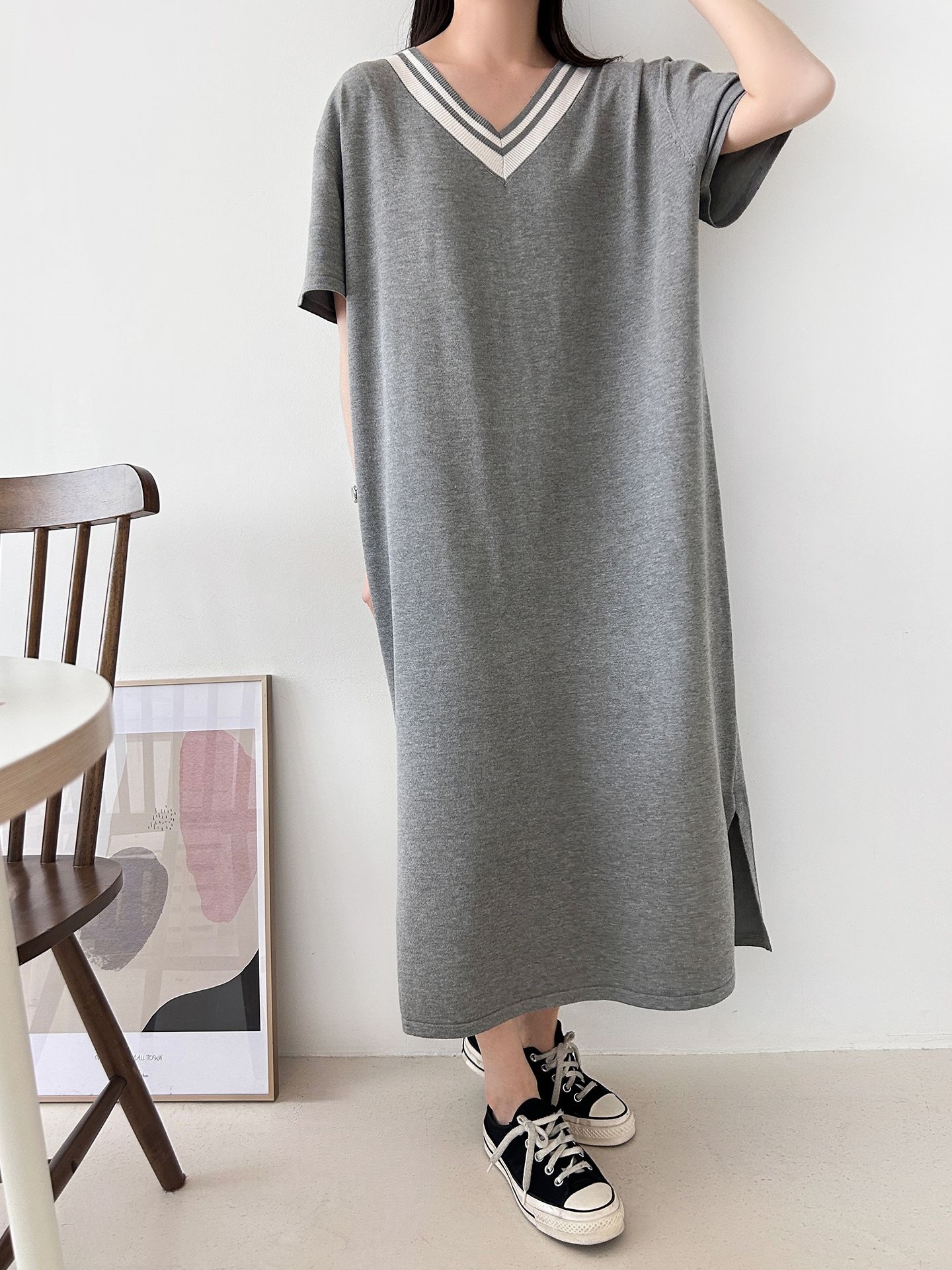 ニット配色Vネックロング半袖ワンピース | 詳細画像20